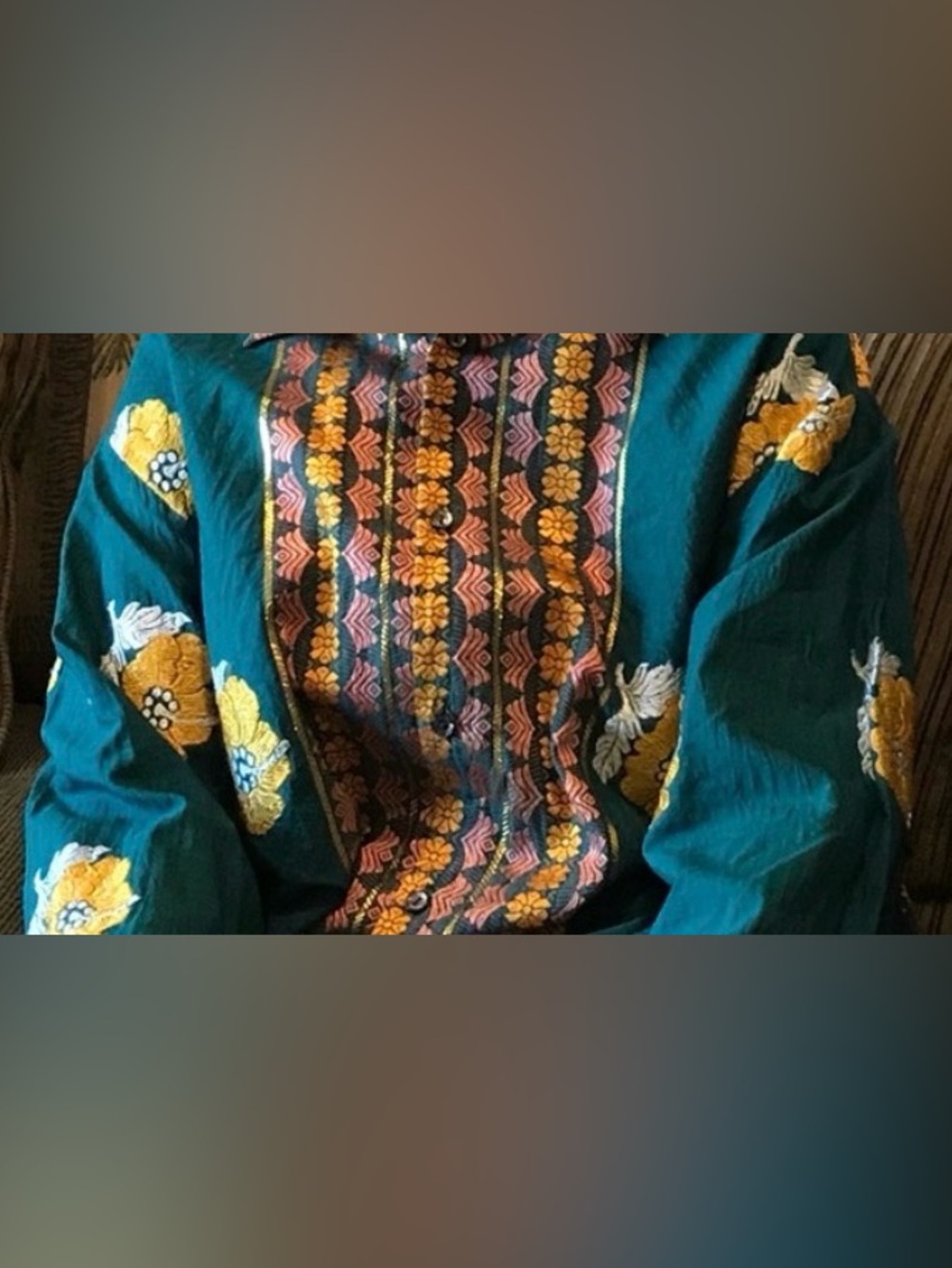 Embroidered Teal Floral Button-Up dress shirt from south east Asia